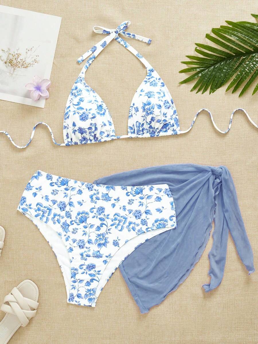 Büyük Beden Boyundan Bağlamalı Baskılı Bikini Takımı Niebbla