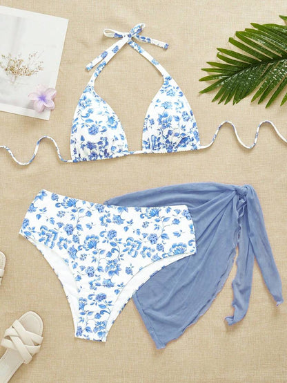 Büyük Beden Boyundan Bağlamalı Baskılı Bikini Takımı Niebbla