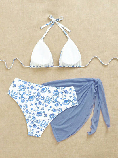 Büyük Beden Boyundan Bağlamalı Baskılı Bikini Takımı Niebbla