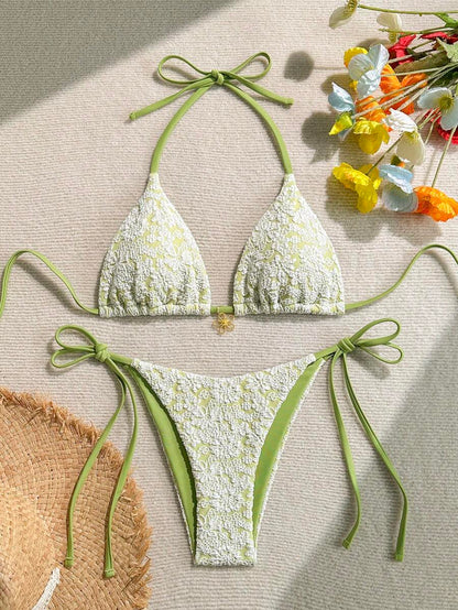 Altın Çiçek Desenli Üçgen Bikini Takımı Niebbla