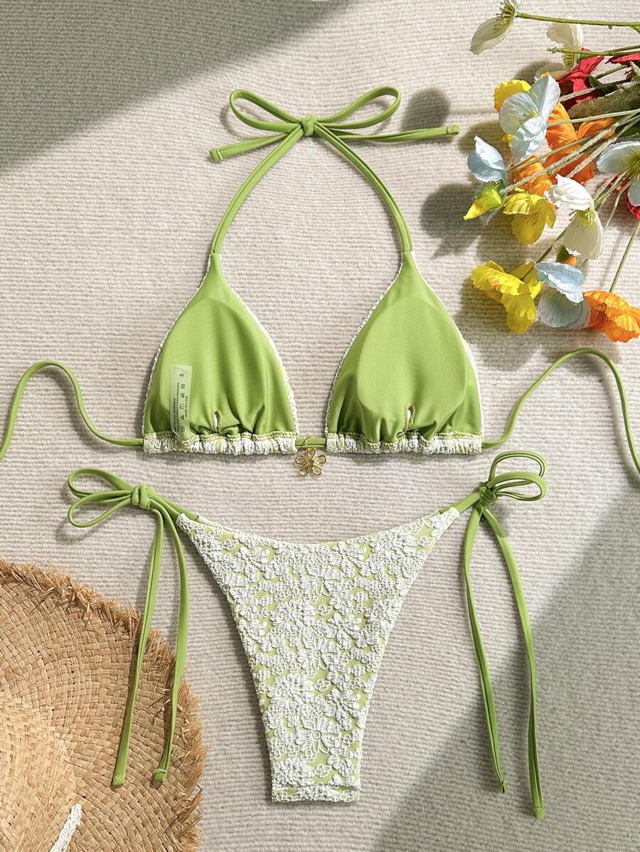 Altın Çiçek Desenli Üçgen Bikini Takımı Niebbla