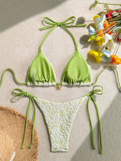 Altın Çiçek Desenli Üçgen Bikini Takımı Niebbla