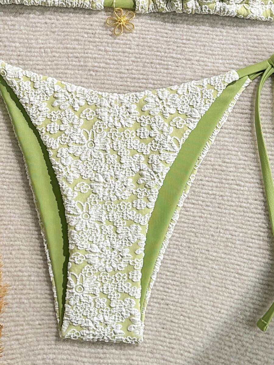 Altın Çiçek Desenli Üçgen Bikini Takımı Niebbla