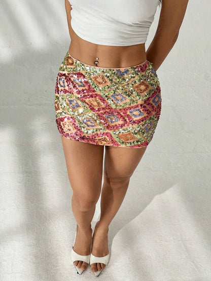 Payetli Boncuklu Parlak Mini Etek Niebbla