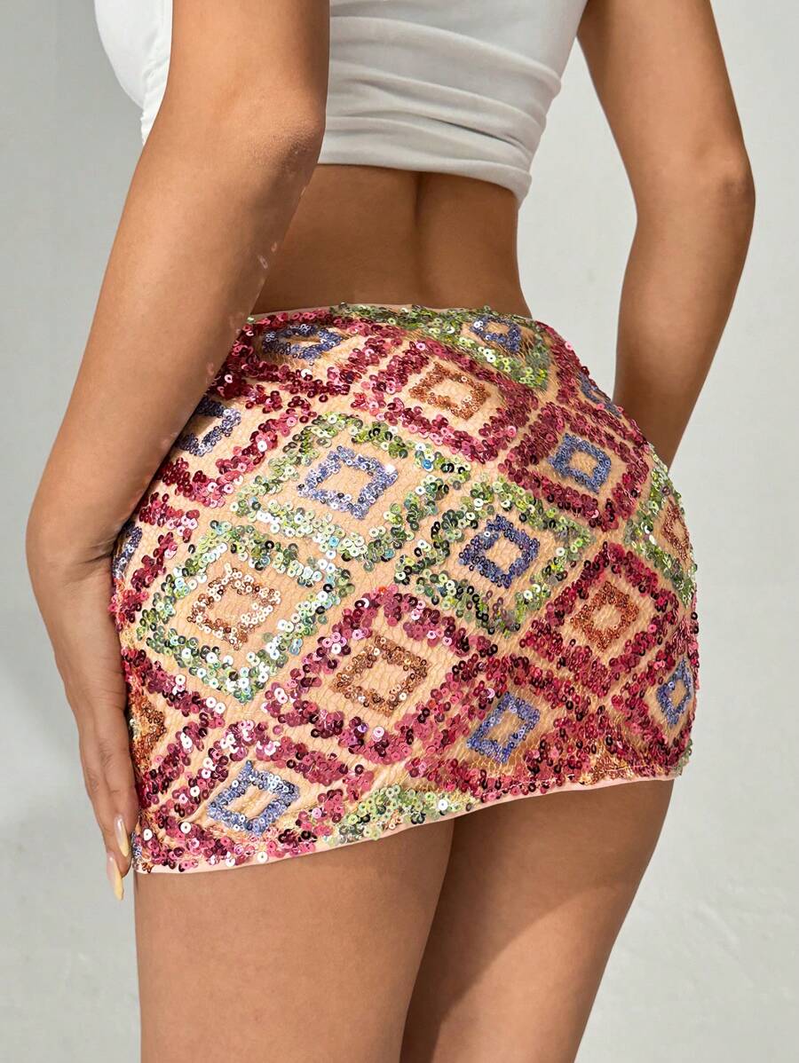 Payetli Boncuklu Parlak Mini Etek Niebbla