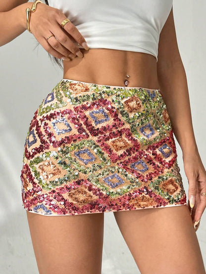 Payetli Boncuklu Parlak Mini Etek Niebbla