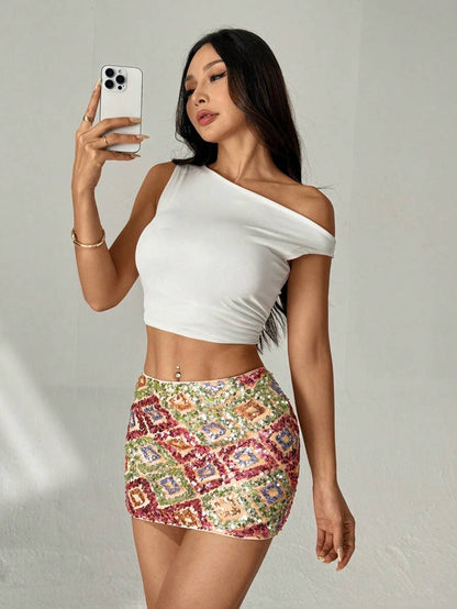 Payetli Boncuklu Parlak Mini Etek Niebbla