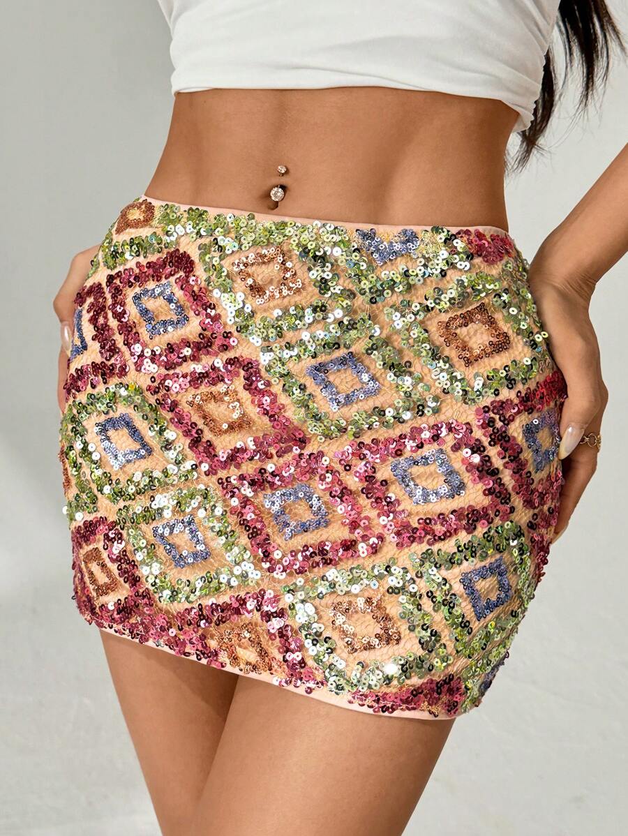 Payetli Boncuklu Parlak Mini Etek Niebbla