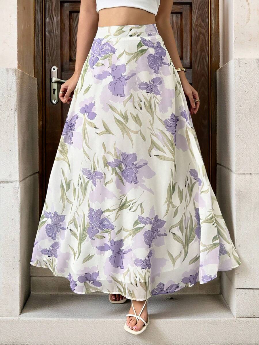 Çiçek Desenli Elastik Bel Günlük Etek Niebbla