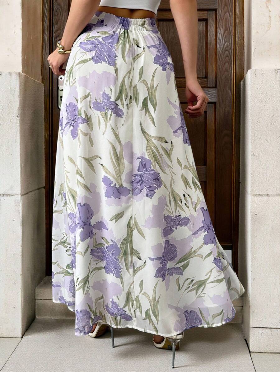 Çiçek Desenli Elastik Bel Günlük Etek Niebbla