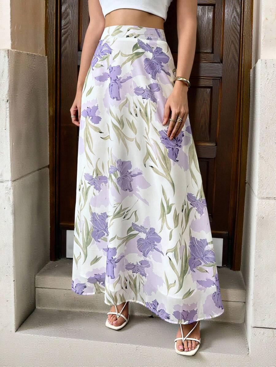 Çiçek Desenli Elastik Bel Günlük Etek Niebbla