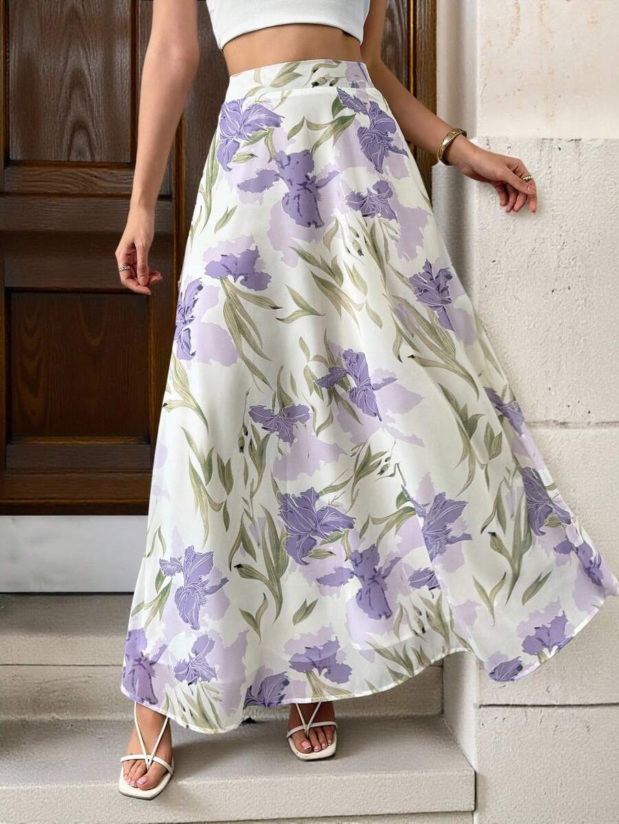 Çiçek Desenli Elastik Bel Günlük Etek Niebbla