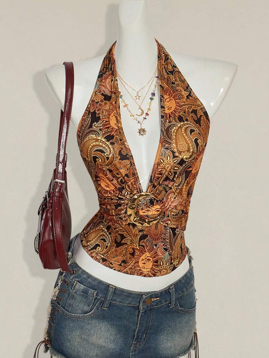 Paisley Desenli Askılı Sırtı Açık Üst Niebbla