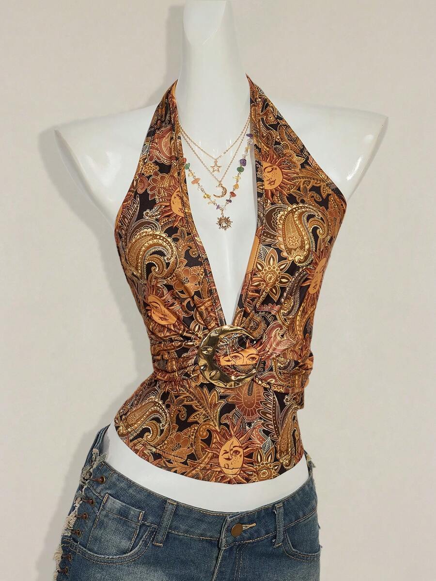 Paisley Desenli Askılı Sırtı Açık Üst Niebbla