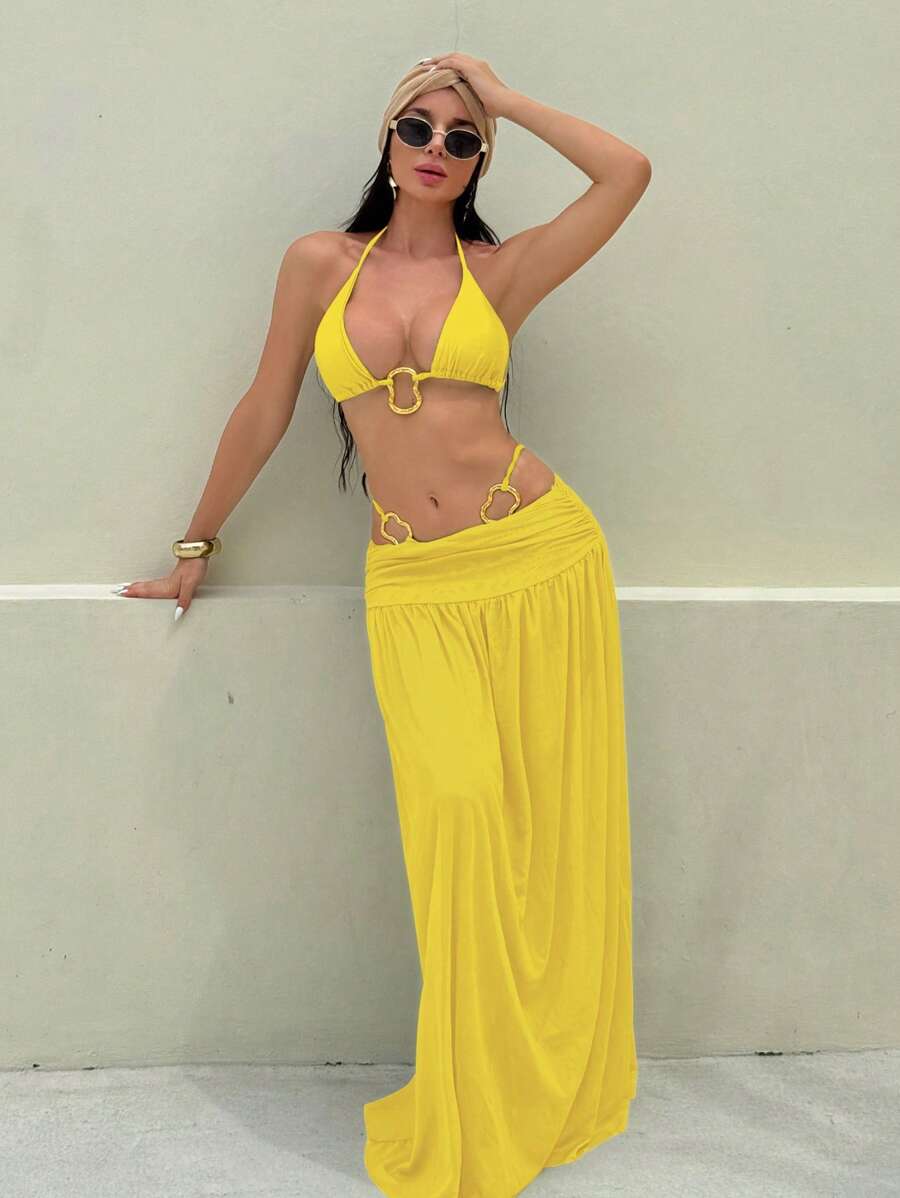 Parlak Kumaş Boyundan Bağlamalı Bikini, Asimetrik Halka Detaylı Uzun File Plaj Elbisesi Niebbla