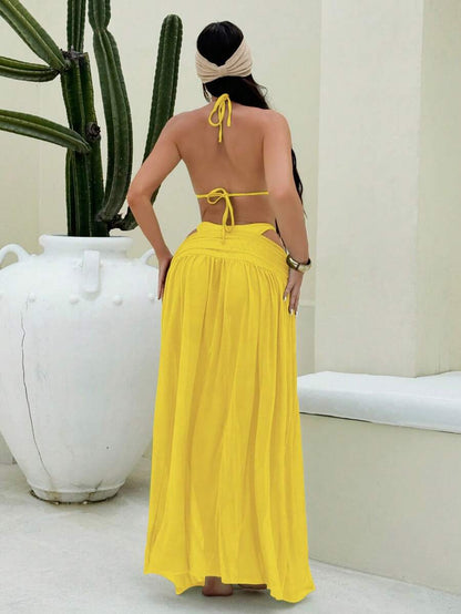 Parlak Kumaş Boyundan Bağlamalı Bikini, Asimetrik Halka Detaylı Uzun File Plaj Elbisesi Niebbla