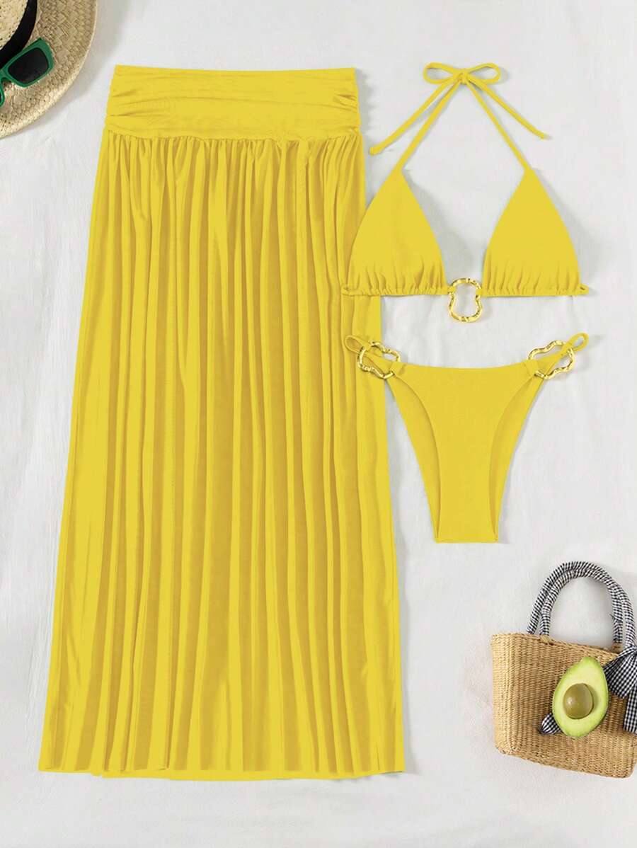 Parlak Kumaş Boyundan Bağlamalı Bikini, Asimetrik Halka Detaylı Uzun File Plaj Elbisesi Niebbla