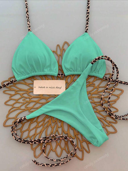 Leopar Desenli Boyundan Bağlamalı Bikini Takımı Niebbla