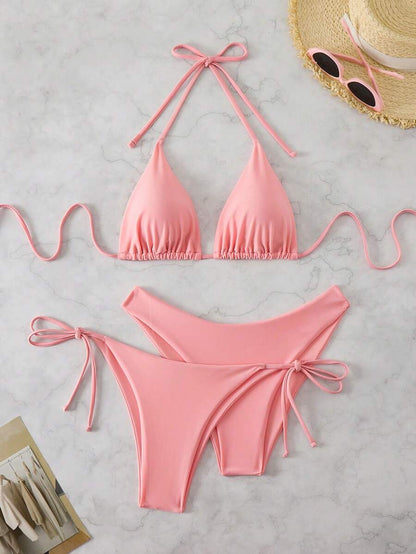 3 Parça Halter Üst + Üçgen Alt + Bağcıklı Şort Bikini Takımı Niebbla
