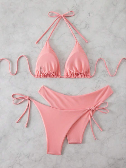 3 Parça Halter Üst + Üçgen Alt + Bağcıklı Şort Bikini Takımı Niebbla
