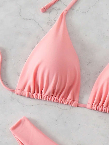 3 Parça Halter Üst + Üçgen Alt + Bağcıklı Şort Bikini Takımı Niebbla