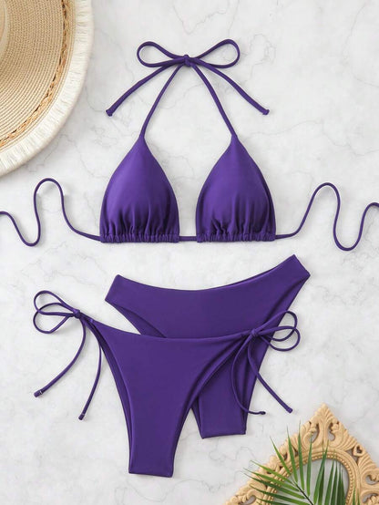 3 Parça Halter Üst + Üçgen Alt + Bağcıklı Şort Bikini Takımı Niebbla