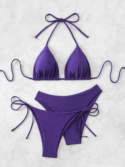 3 Parça Halter Üst + Üçgen Alt + Bağcıklı Şort Bikini Takımı Niebbla