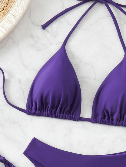 3 Parça Halter Üst + Üçgen Alt + Bağcıklı Şort Bikini Takımı Niebbla