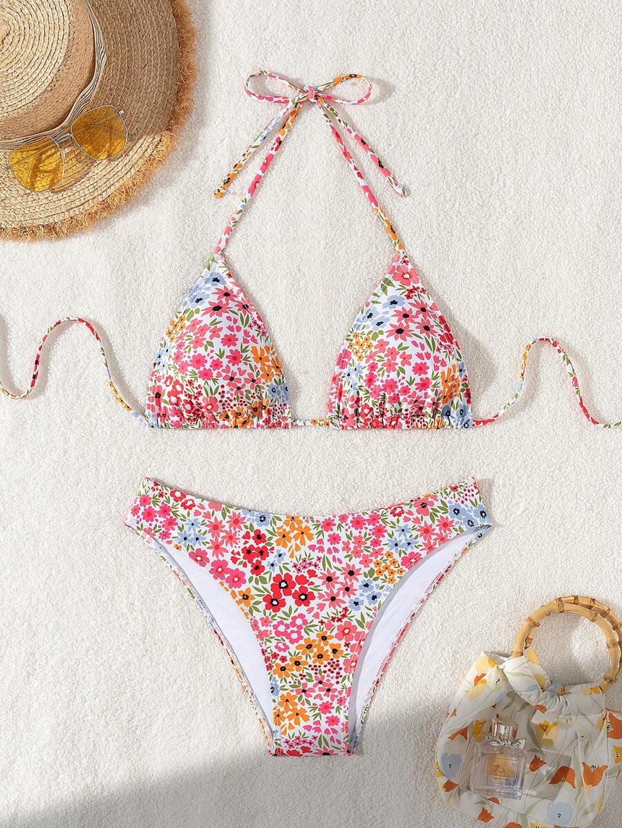 Çiçek Desenli Halter Bağcıklı Bikini Takımı Niebbla