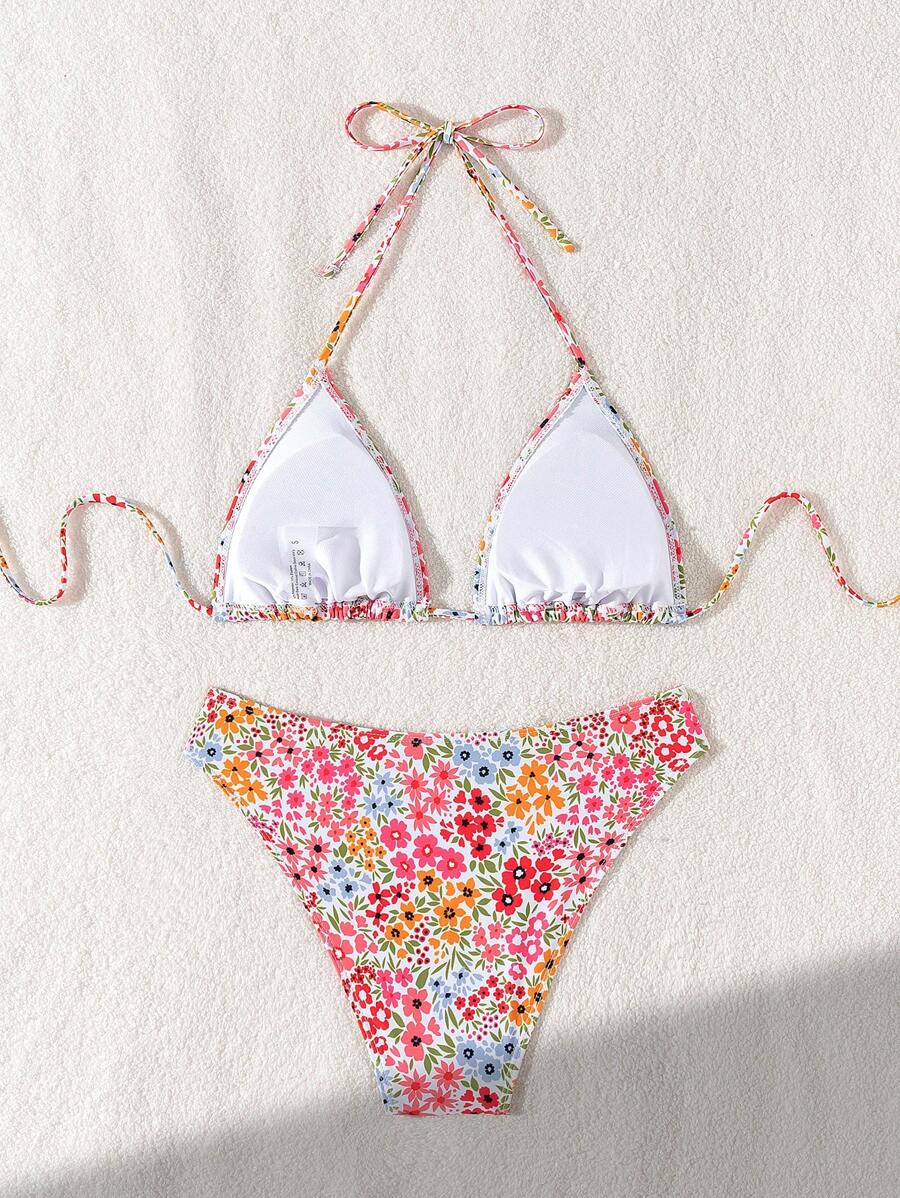 Çiçek Desenli Halter Bağcıklı Bikini Takımı Niebbla