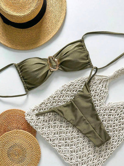 Pembe Straplez Bağcıklı Metal Detaylı Bikini Takımı Niebbla