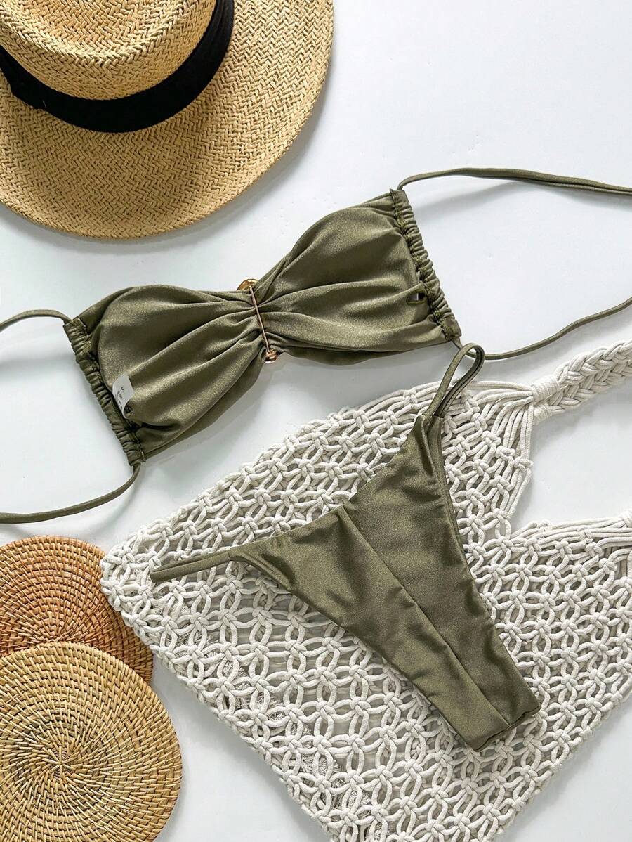 Pembe Straplez Bağcıklı Metal Detaylı Bikini Takımı Niebbla