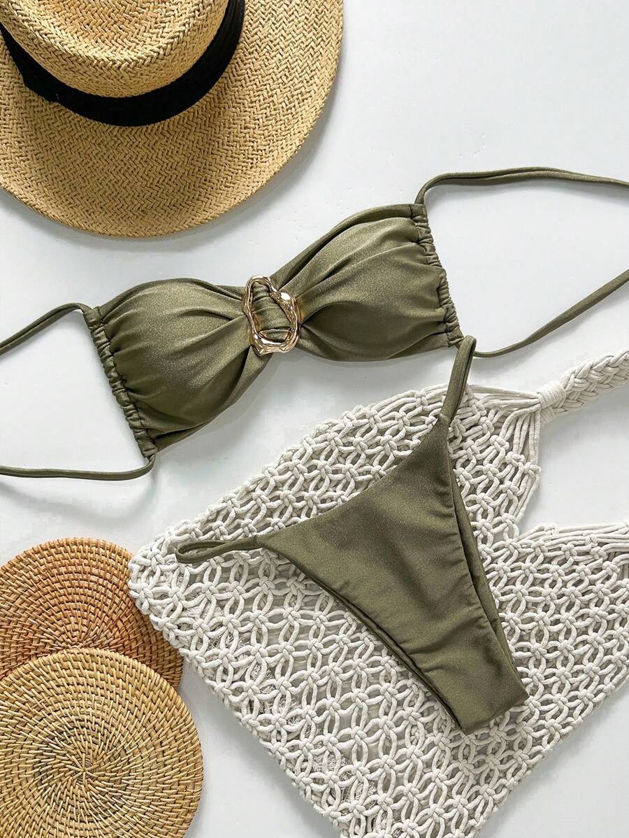 Pembe Straplez Bağcıklı Metal Detaylı Bikini Takımı Niebbla