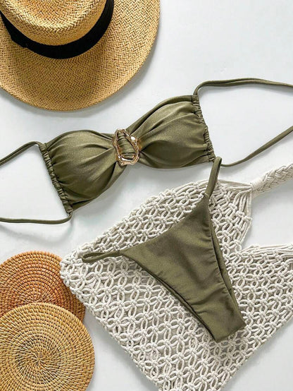 Pembe Straplez Bağcıklı Metal Detaylı Bikini Takımı Niebbla