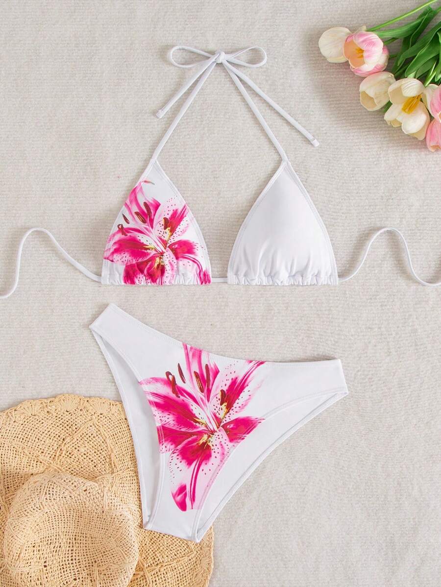 Çiçek Desenli Halter Bağcıklı Bikini Takımı Niebbla