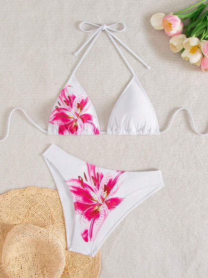 Çiçek Desenli Halter Bağcıklı Bikini Takımı Niebbla