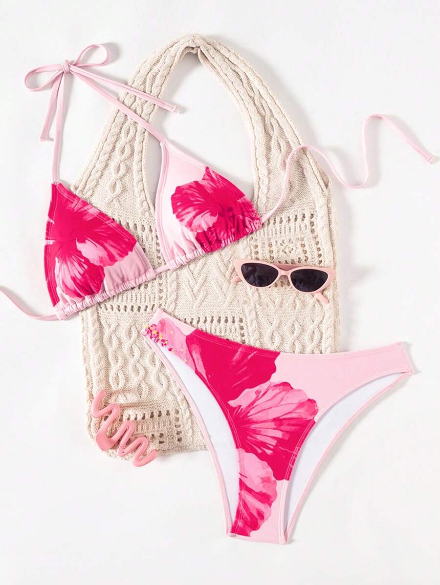 Çiçek Desenli Halter Bağcıklı Bikini Takımı Niebbla