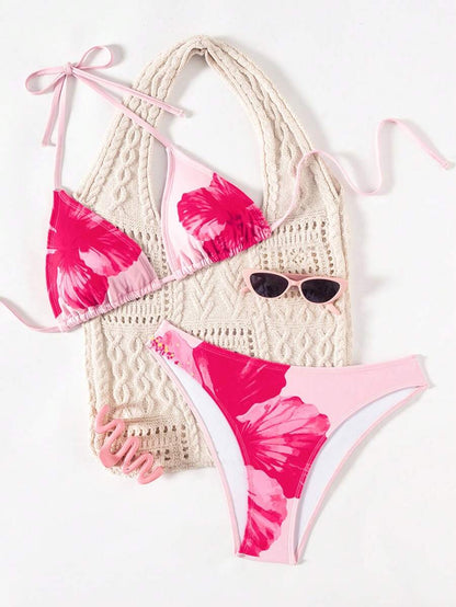Çiçek Desenli Halter Bağcıklı Bikini Takımı Niebbla
