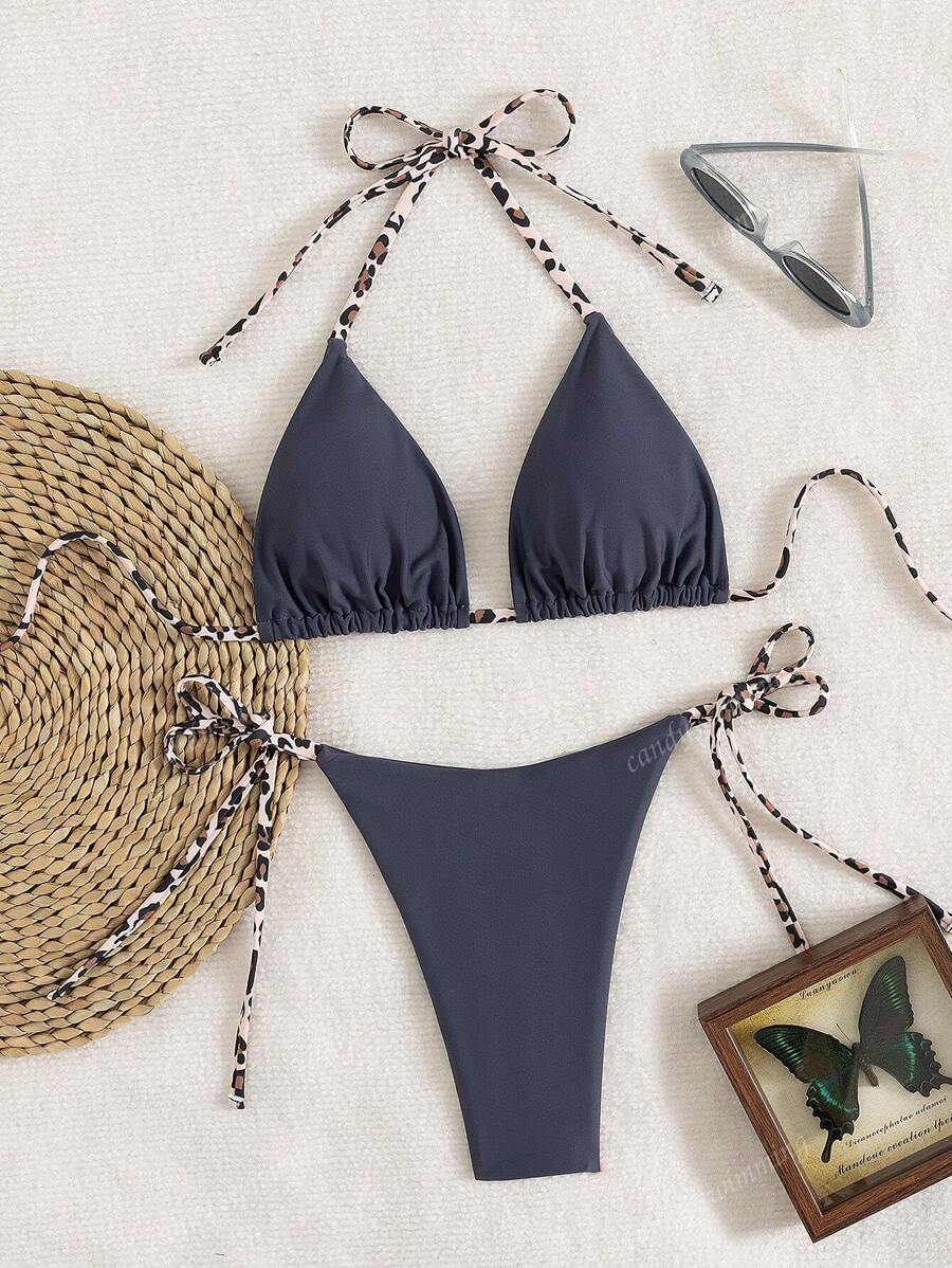 Leopar Desenli Boyundan Bağlamalı Bikini Takımı Niebbla