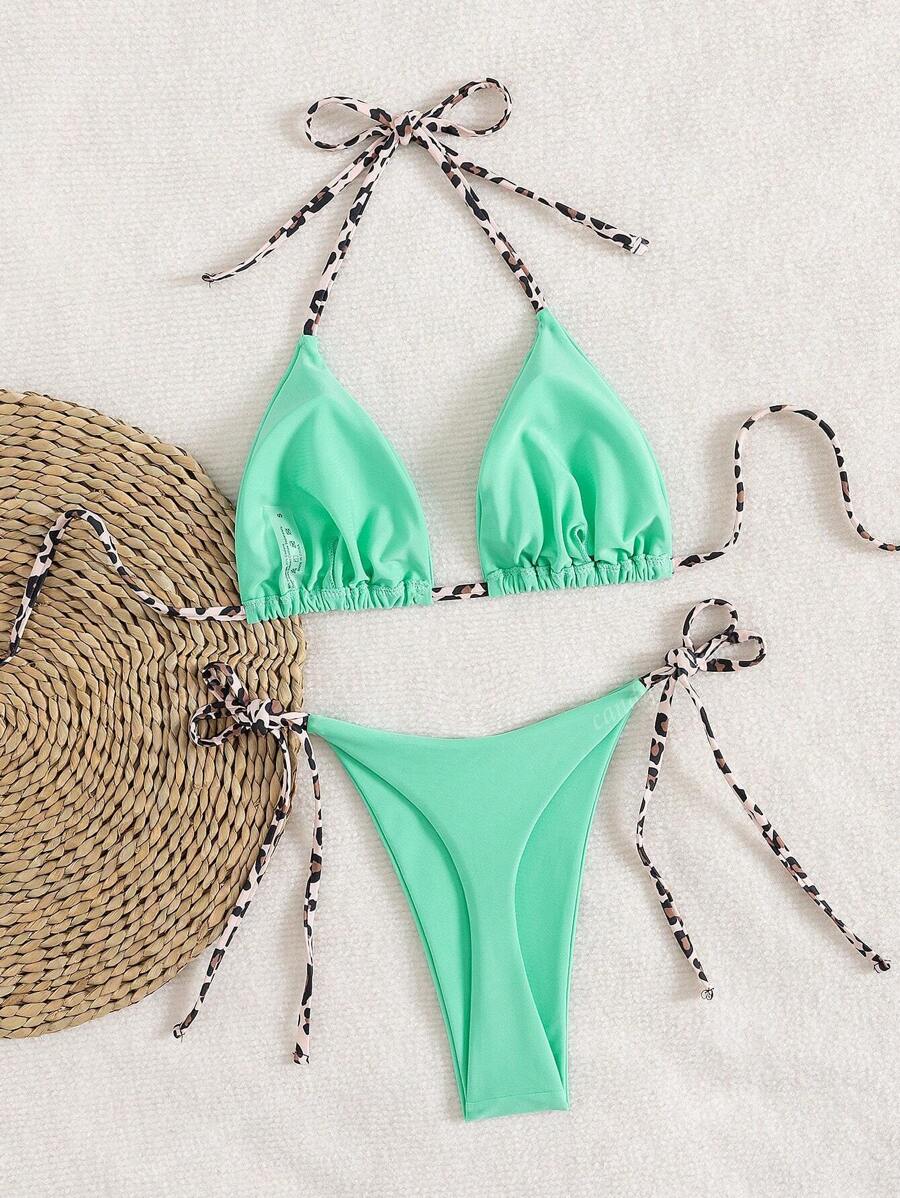 Leopar Desenli Boyundan Bağlamalı Bikini Takımı Niebbla
