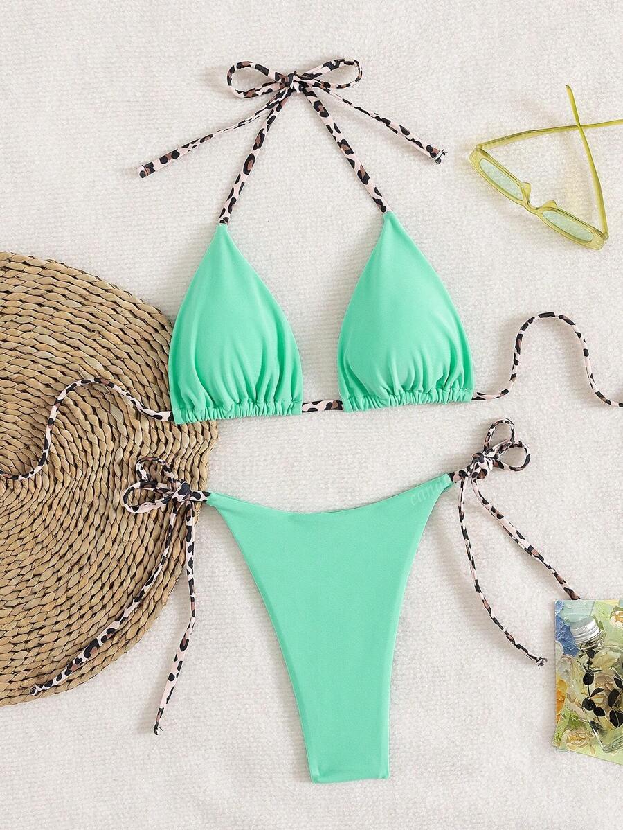 Leopar Desenli Boyundan Bağlamalı Bikini Takımı Niebbla
