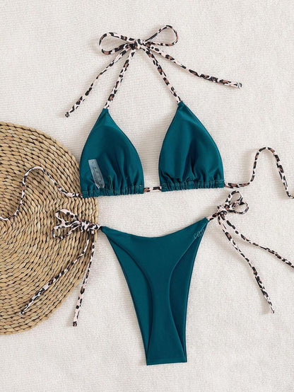 Leopar Desenli Boyundan Bağlamalı Bikini Takımı Niebbla