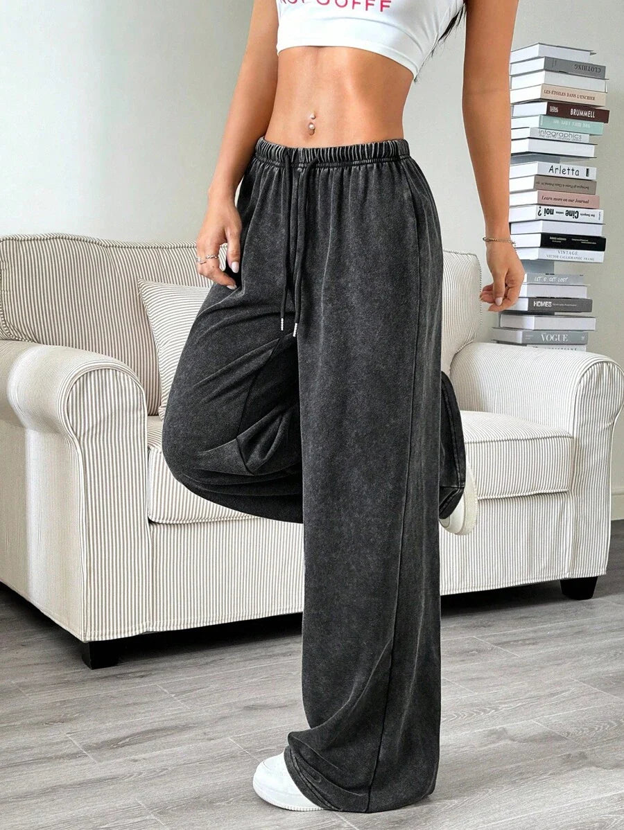 Düz Renk Bağcıklı Bel Düz Paça Jogger Pantolon Niebbla