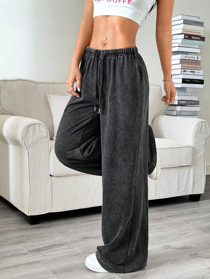 Düz Renk Bağcıklı Bel Düz Paça Jogger Pantolon Niebbla