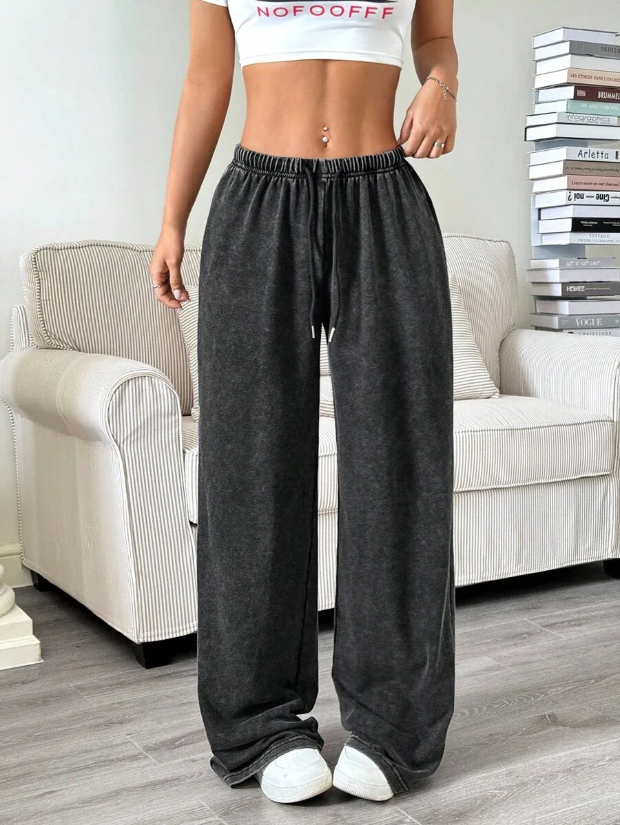 Düz Renk Bağcıklı Bel Düz Paça Jogger Pantolon Niebbla