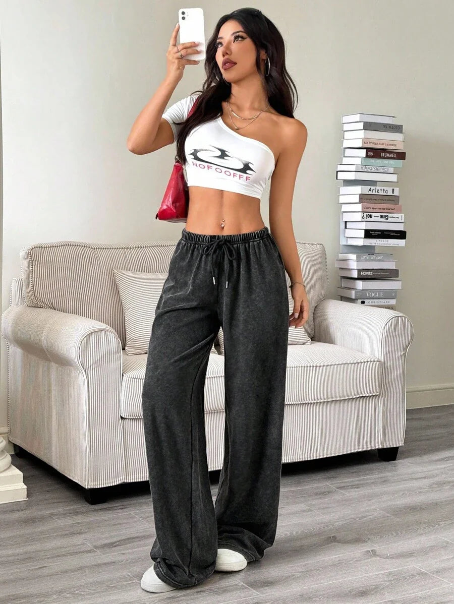 Düz Renk Bağcıklı Bel Düz Paça Jogger Pantolon Niebbla
