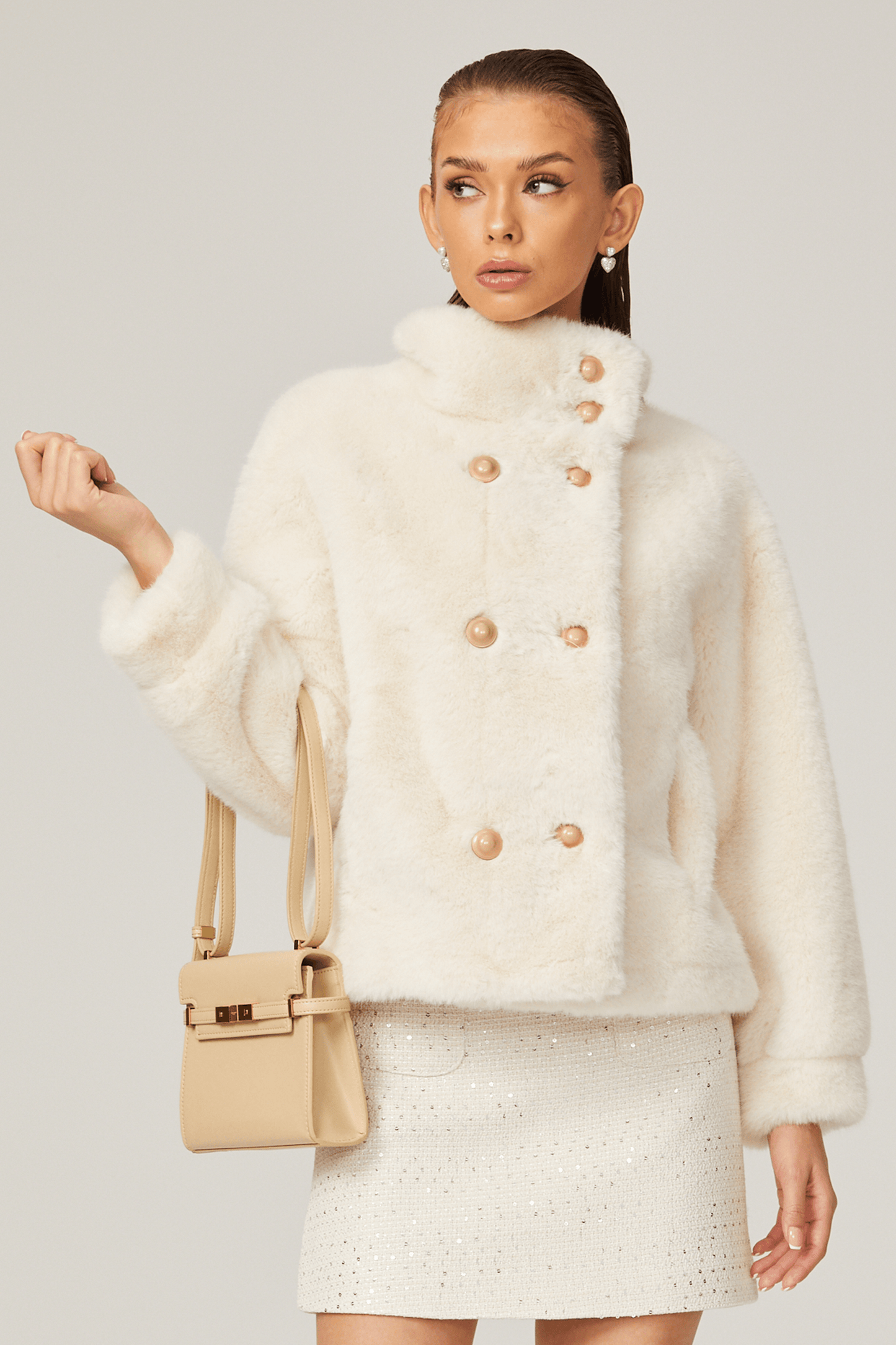 Elegance Pearl Çift Düğmeli Peluş Kaban Siaora