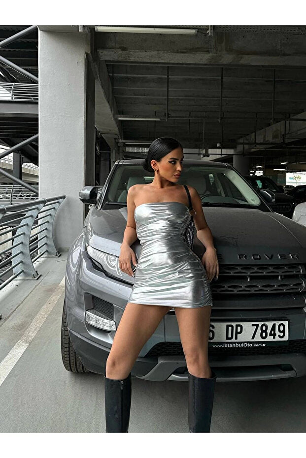 Kadın Göğüs Dekolteli Tek Kol Payetli Gümüş Mini Boy Elbise VİSKALİ trendyol