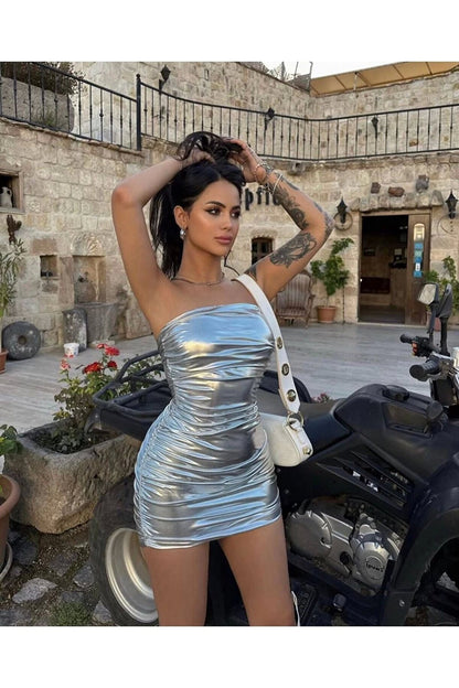 Kadın Göğüs Dekolteli Tek Kol Payetli Gümüş Mini Boy Elbise VİSKALİ trendyol