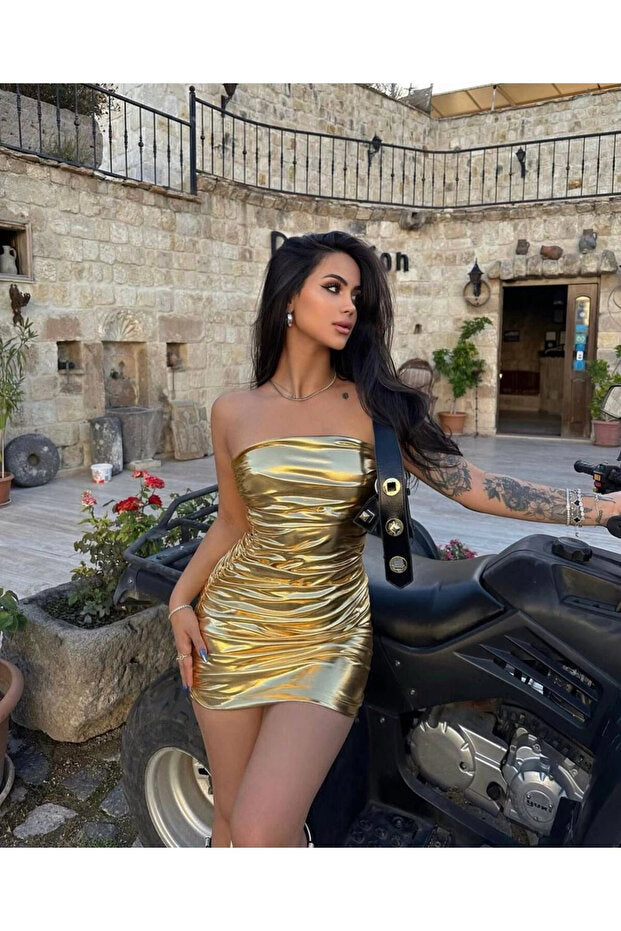 Kadın Göğüs Dekolteli Tek Kol Payetli Gümüş Mini Boy Elbise VİSKALİ trendyol
